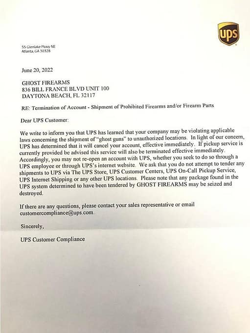 UPS letter to Ghost Firearms